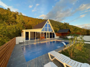 White Aframe with heated pool